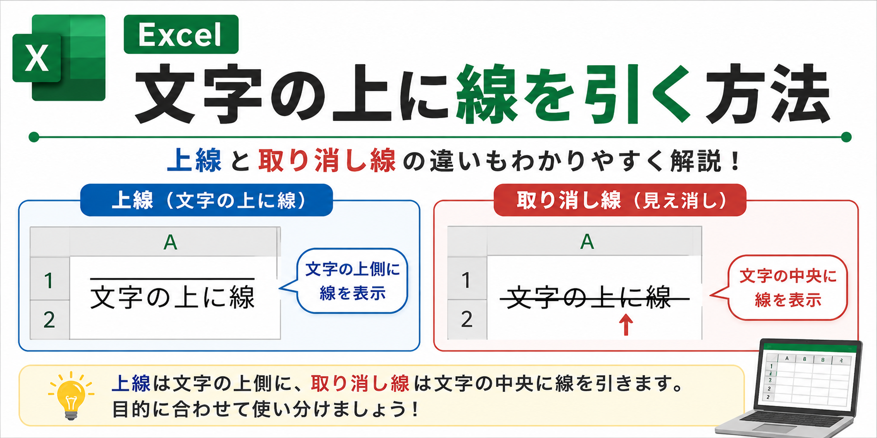 エクセルで文字の上に線を引く全手法！取り消し線と上付き線の決定版