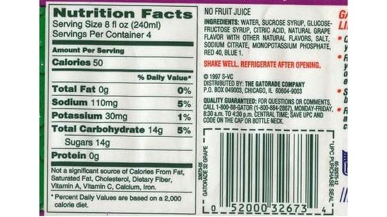 Gatorade Ingredient Label