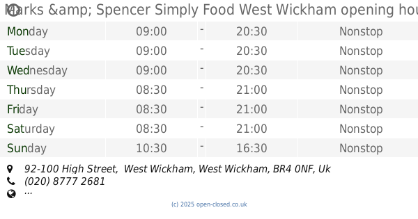 Marks and Spencer West Wickham Opening Times