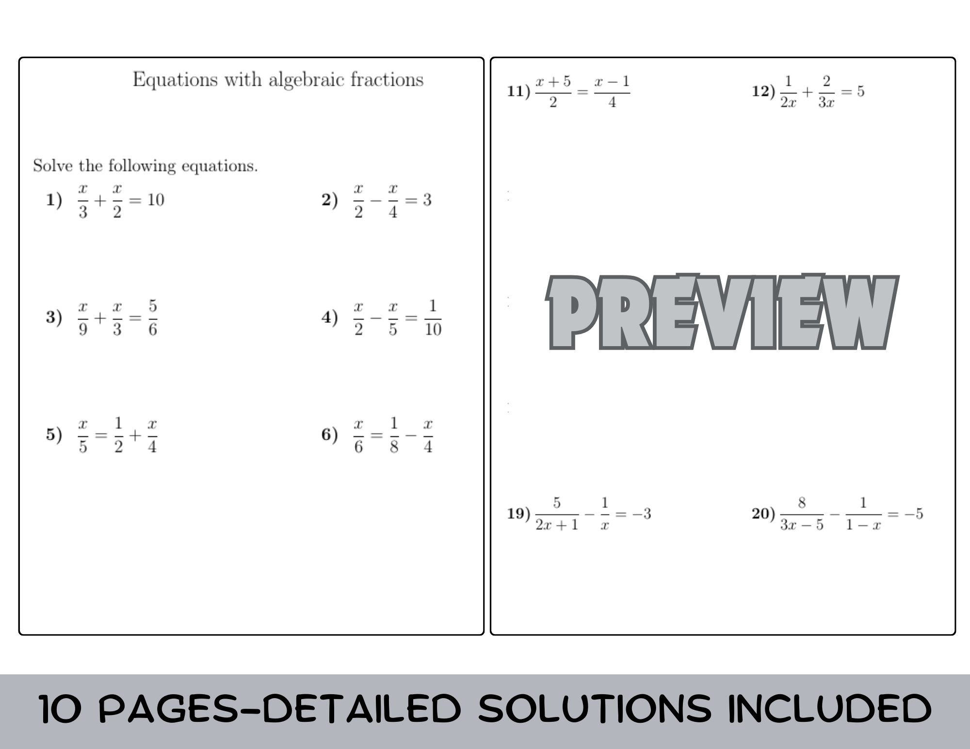 Two Step Equations with Fractions Worksheets