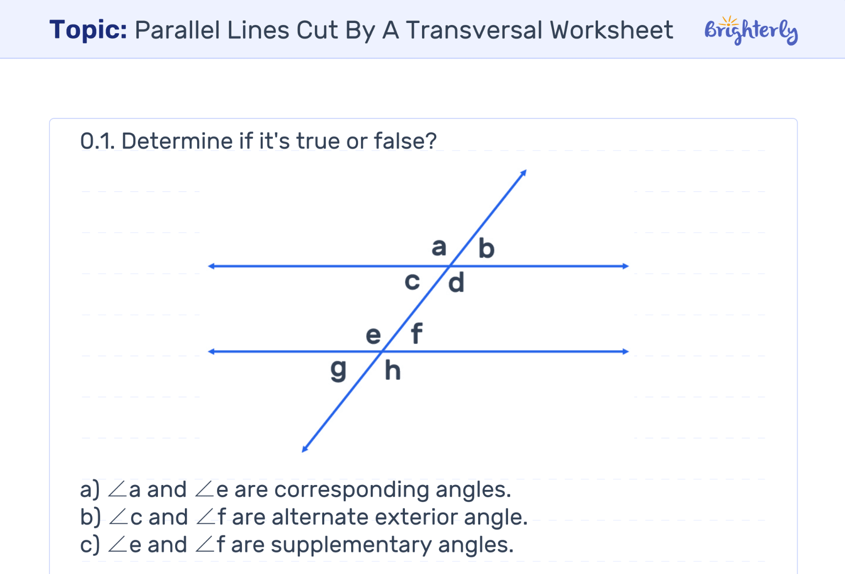 Parallel Lines with a Transversal Worksheet